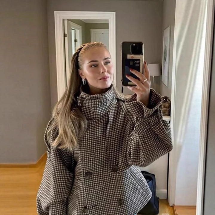 Dam oversize trenchcoat med Houndstooth mönster, hög ståkrage och Shoulder Epaulettes