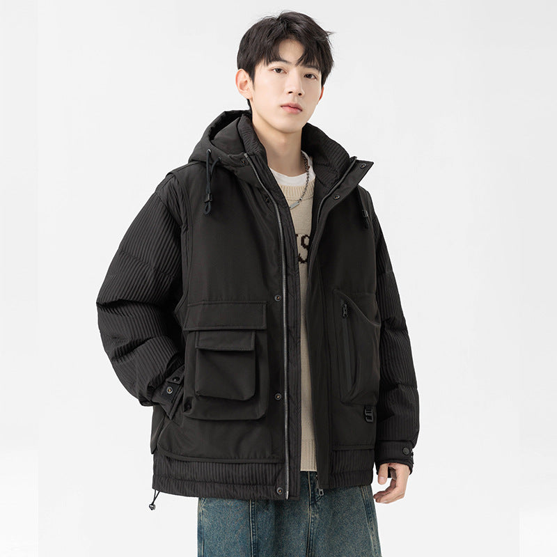 Herr Vadderad Winterjacke med Huva, Quiltad Ärmel och Cargo-Taschen
