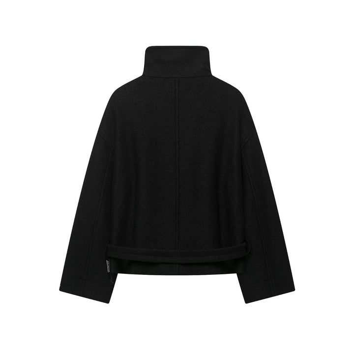 Dam Boxig Cape Jacka i Ull Look med Hög Krage Band och Toggle Fastenings