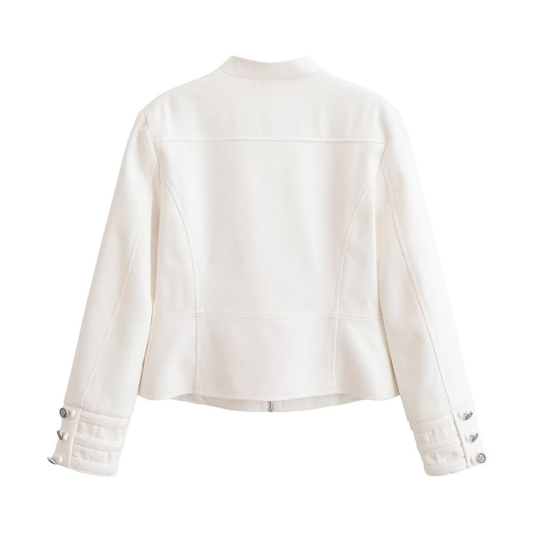 Dam Kort Uniform Jacka med Stå Krage, Dekorativ Straps och Metal Knapp Detail