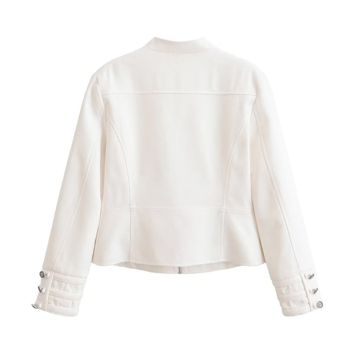 Dam Kort Uniform Jacka med Stå Krage, Dekorativ Straps och Metal Knapp Detail