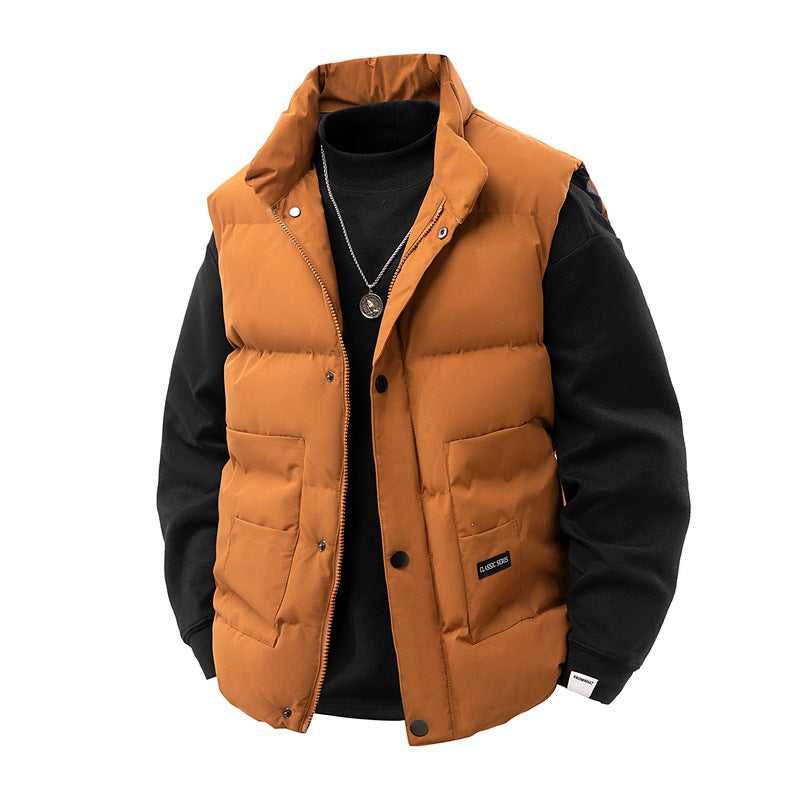Herr termo quiltad väst med hög krage trim, tryckknapp front &amp; mounted funktion fickor