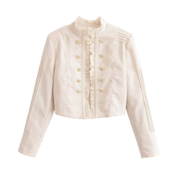 Dam Kort Jacka med Ruffle Front, Stå Krage och Dekorativ Knapp Knäppning