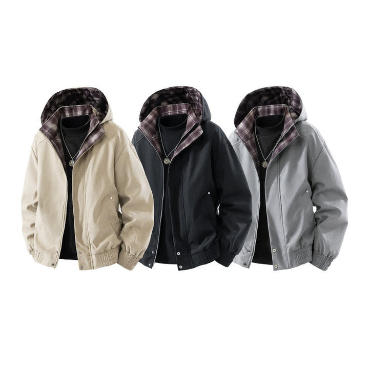Herr Vadderad Jacka med Huva med Rutig Fleece Foder, Elastic Fåll och Concealed Dragkedja