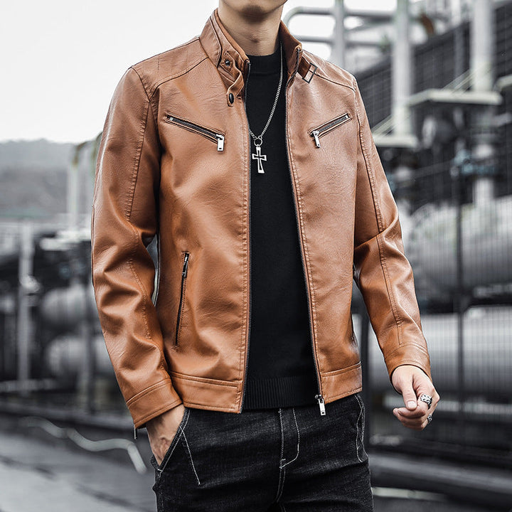 Herr Konstläder Moto Jacka i Aviator Stil med Stående Krage och Funktionell Dragkedjor