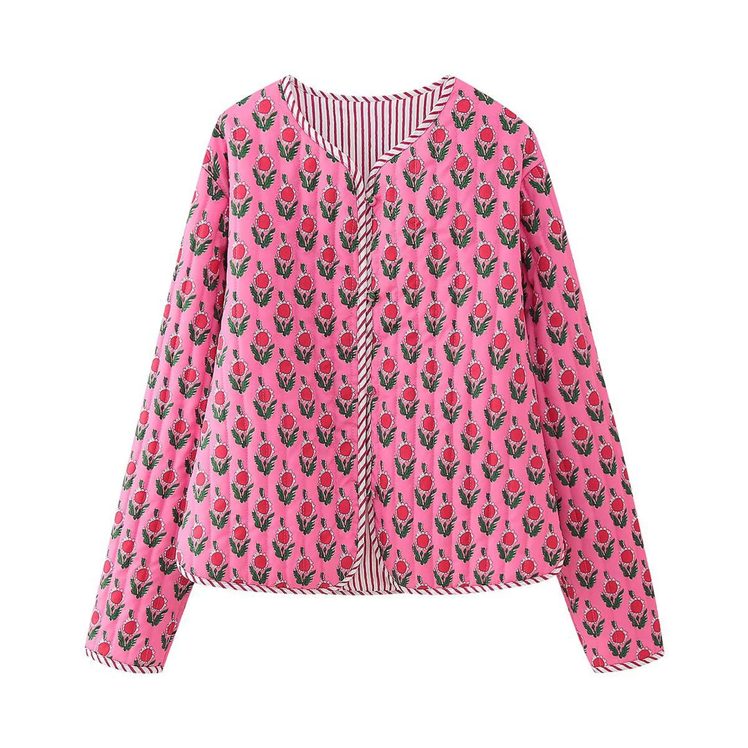 Dam Vadderad Quiltad Blouse Jacka med Blommig Heltäckande Tryck och Contrast Piping