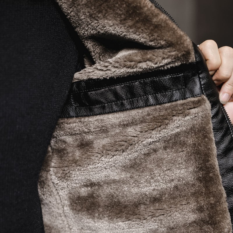 Herr Leather-Look Pilot Jacka med Teddy Krage och Dold Zip