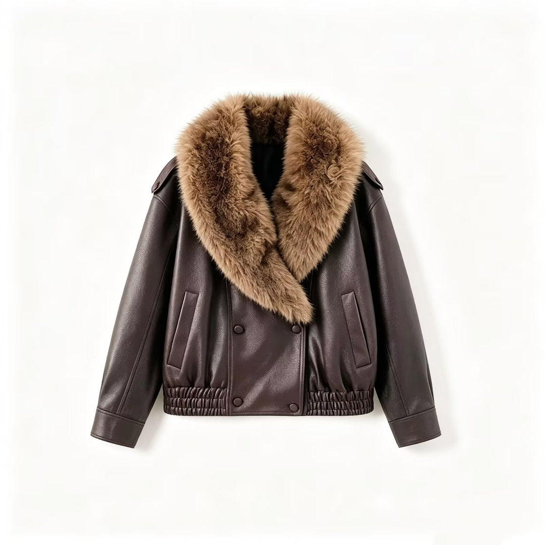 Dam Kort Skärning Double-Breasted Faux Läder Blouson med Elastic Nederkant