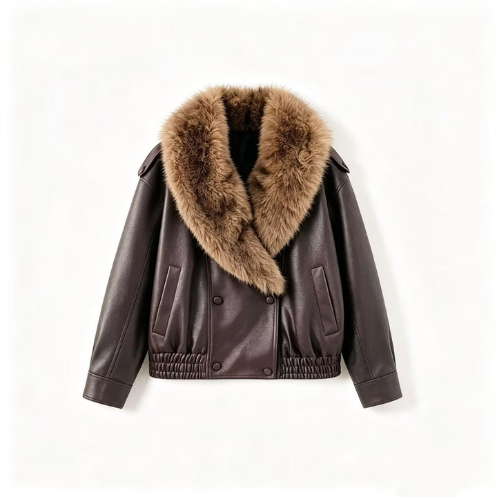 Dam Kort Skärning Double-Breasted Faux Läder Blouson med Elastic Nederkant