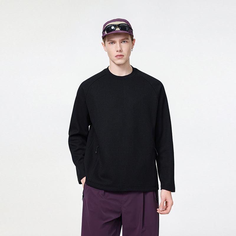 Herr Waffle Structure Termisk College-Tröja med Raglanärmar och Zippered Fickor Drune