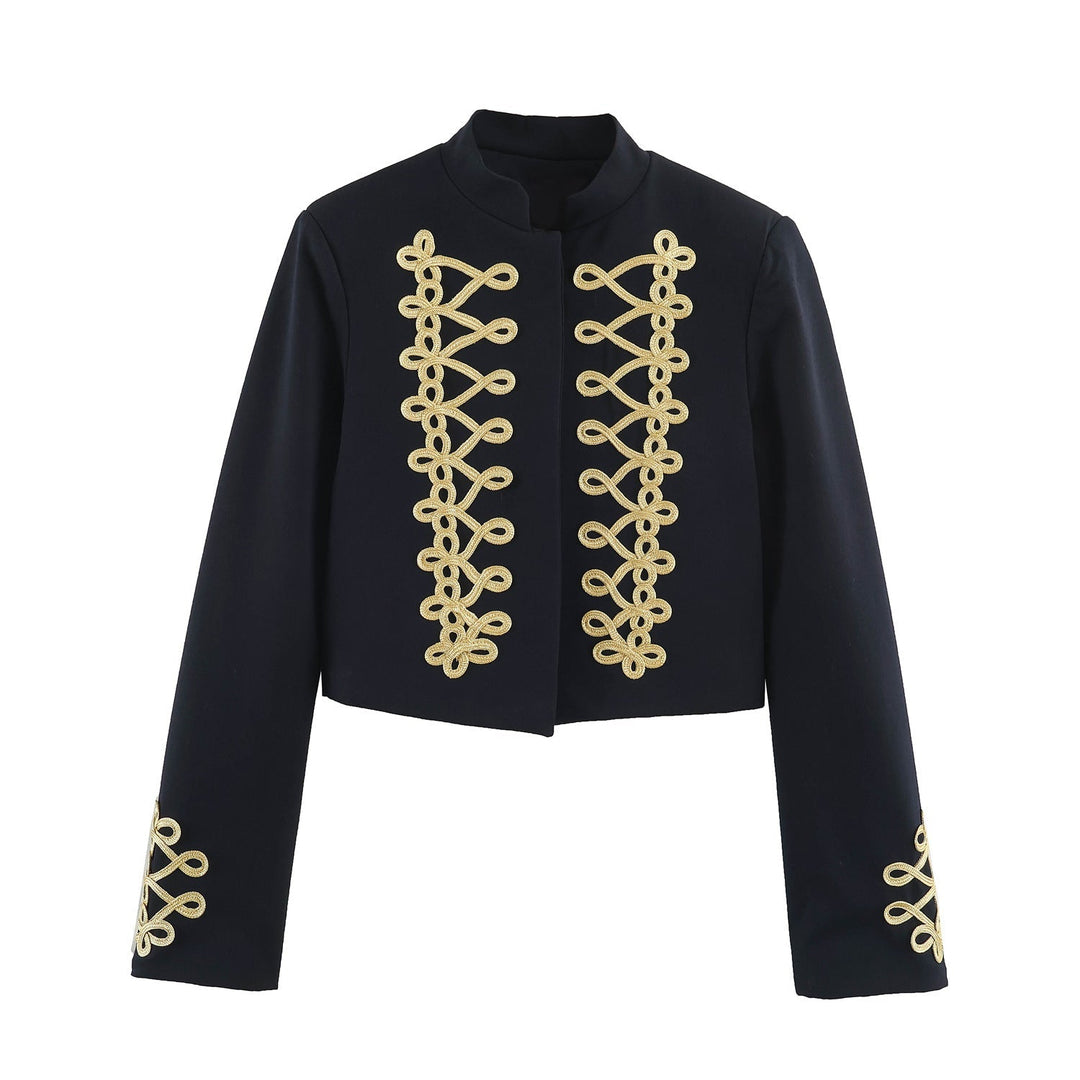 Dam kort Bolero jacka med hög ståkrage och dekorativ Galloon Trim