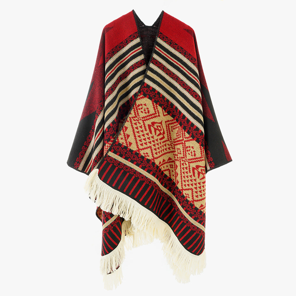 Dam Woven Jacquard poncho med V-Neck, Ethno tryck och Fringes