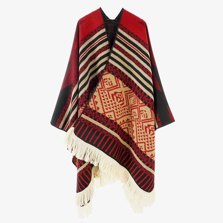 Dam Woven Jacquard poncho med V-Neck, Ethno tryck och Fringes