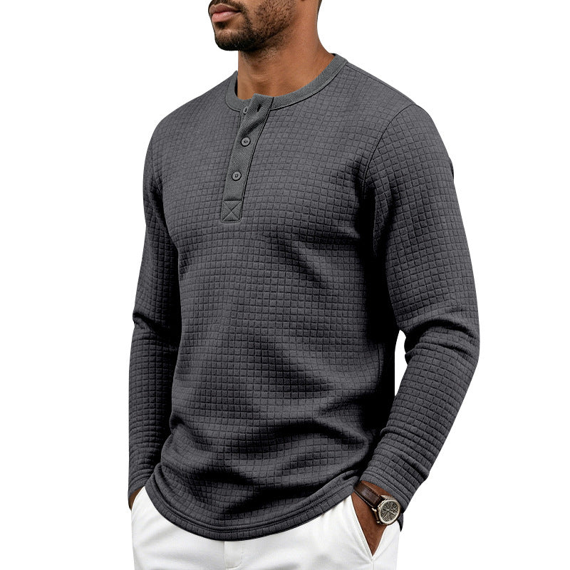 Herr Strukturerad Waffle Termisk Skjorta med Henley Knapplist och Rounded Fåll