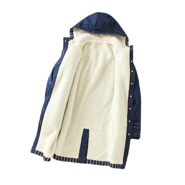 Dam vadderad denim parka med teddy foder, huva och påsydda fickor