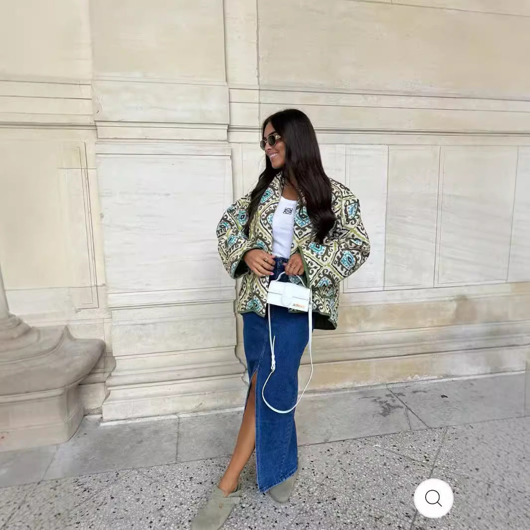 Dam kviltad Kimono jacka med Graphic Allover mönster, Shawl krage och utanpåfickor
