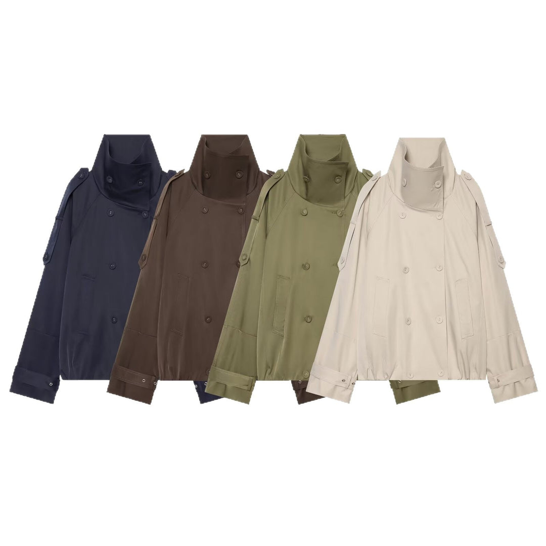 Dam Kort Double-Breasted Cape Trench med Hög Funnel Neck och Ärm Straps