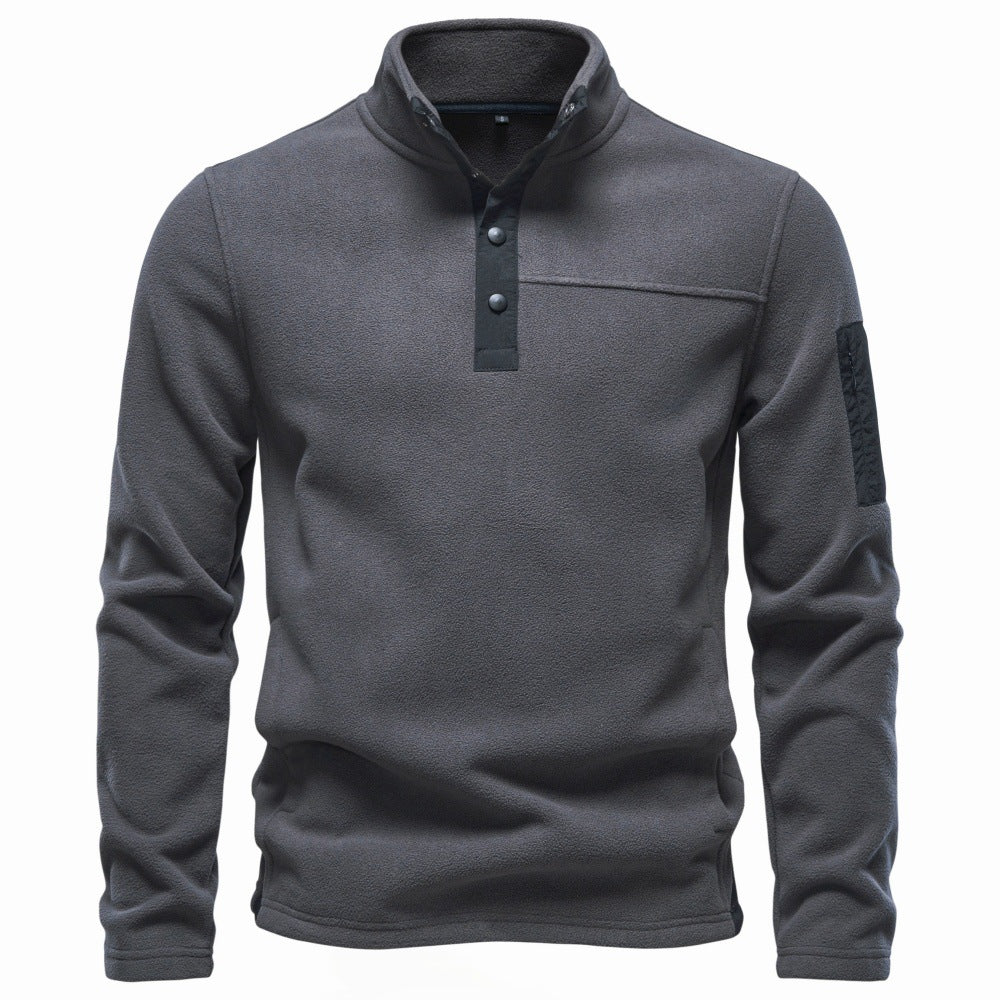 Herr Fleece Pullover med Ståkrage, Tryckknappsslå, och Ärmficka