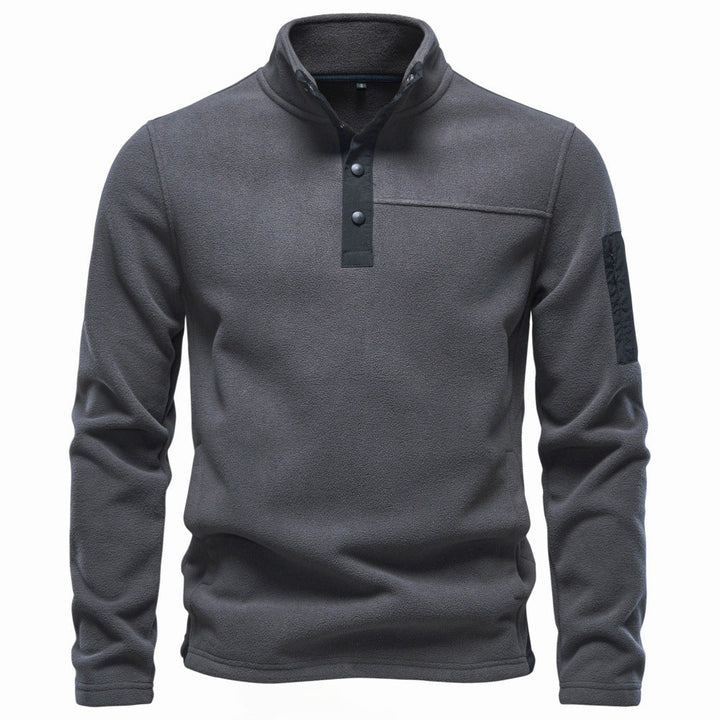 Herr Fleece Pullover med Ståkrage, Tryckknappsslå, och Ärmficka