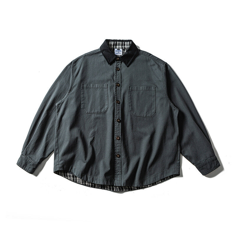 Unisex Oversized Skjorta Jacka med Contrast Krage och Rutig Foder