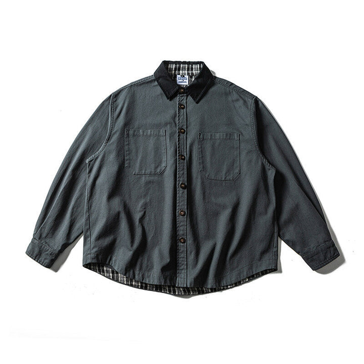 Unisex Oversized Skjorta Jacka med Contrast Krage och Rutig Foder