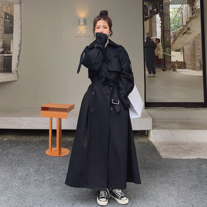 Dam lång Double-Breasted trenchcoat med midjebälte, Storm Flap, och bred oversized skärning