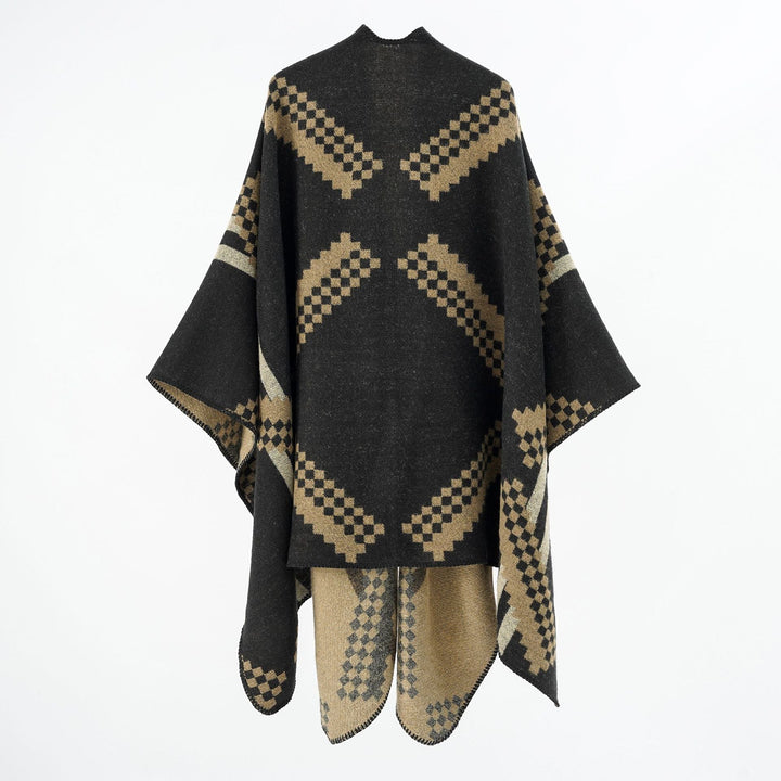 Dam oversized poncho Cape tillverkad av ullblandning med Geometric Jacquard och Decorative Stitching