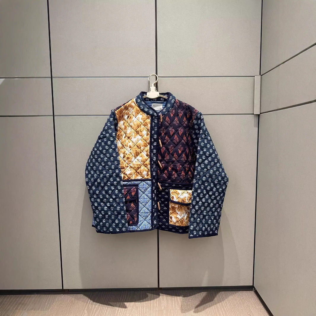 Dam Vadderad Patchwork Quiltad Jacka med Toggle Stängningar och Utanpåfickor