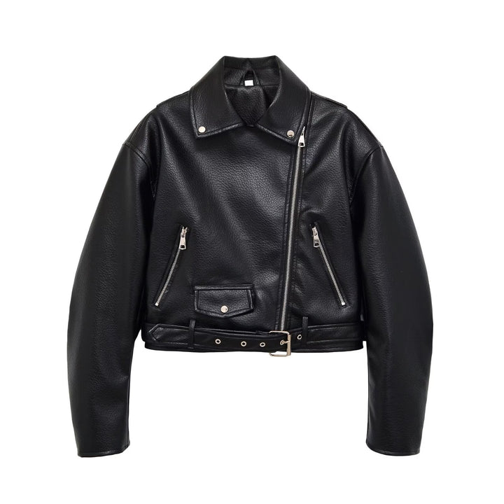 Dam Bikerjacka Tillverkad av Vegansk Läder Imitation med Asymmetrisk Dragkedja och Waist Belt