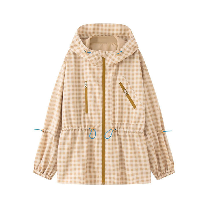Dam Rutig Rain Parka med Huva, Midja med Dragsko och Diagonal Zippered Fickor