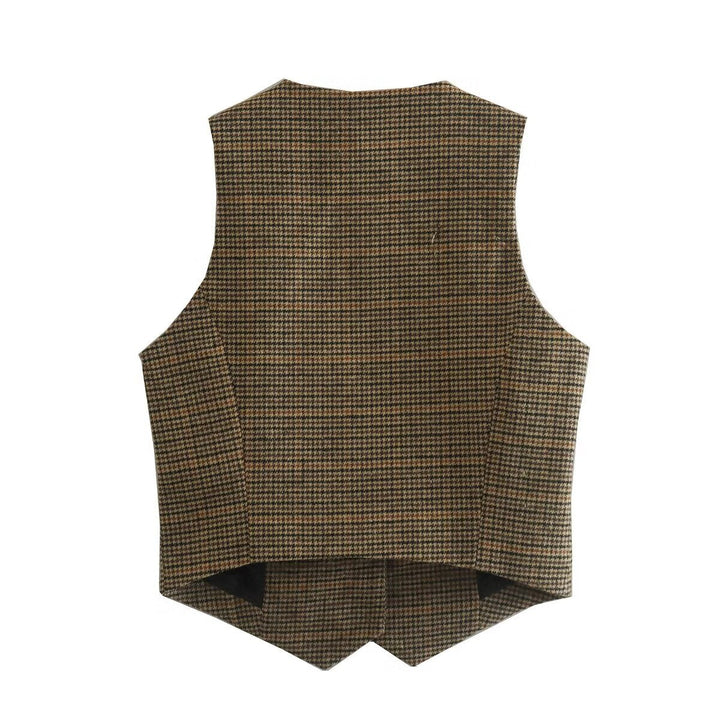 Dam Skräddarsydd Houndstooth Väst med V-ringad och Klassisk Knapplist