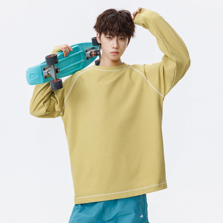 Herr Oversized Waffle Stickad College-Tröja med Round Neck, Raglanärmar och Contrast Sömmar