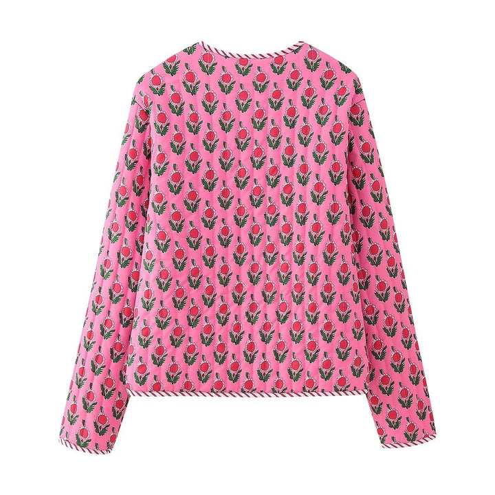 Dam Vadderad Quiltad Blouse Jacka med Blommig Heltäckande Tryck och Contrast Piping
