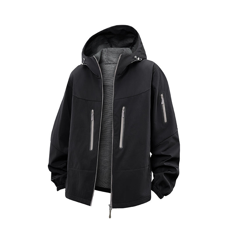 Herr Teknisk Softshell Frilufts Jacka med Huva, Tätad Dragkedjor och Sportig Normal Passform