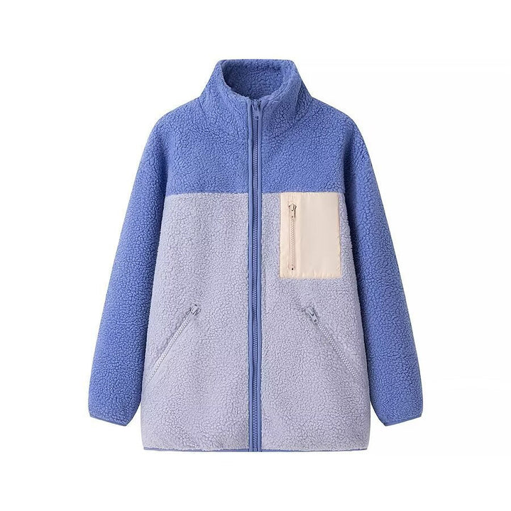 Dam oversize teddy-fleecejacka med ståkrage, dragkedja fickor och nylon Chest ficka