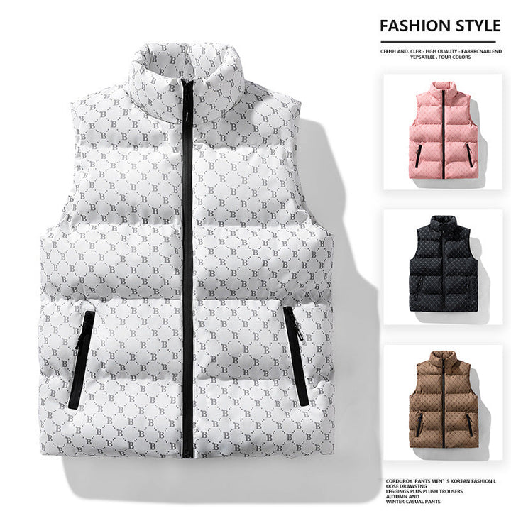 Herr quiltad funktion väst med monogram tryck och ståkrage