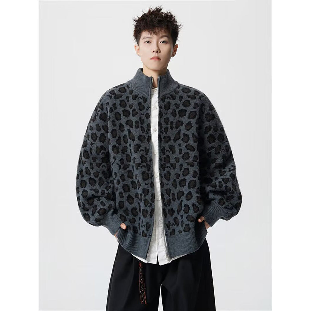 Herr Modern Stickad Jacka med Leopard Mönster och Hög Krage