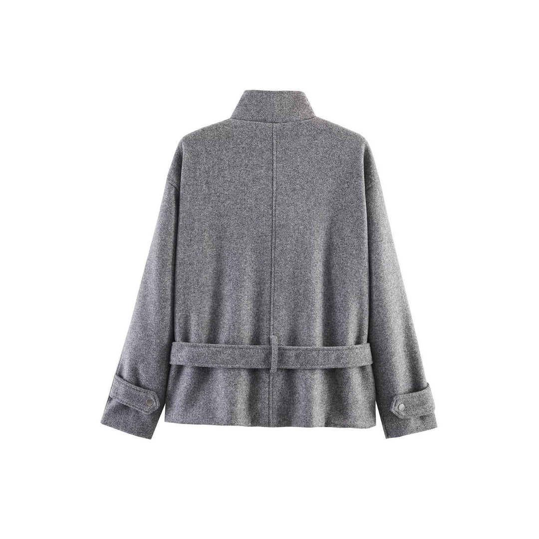 Dam Kort Ull Blend Övergångsjacka med Waist Belt och Stå Krage