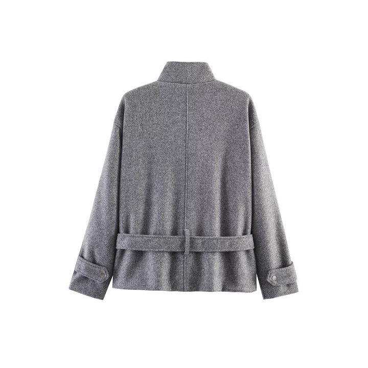 Dam Kort Ull Blend Övergångsjacka med Waist Belt och Stå Krage