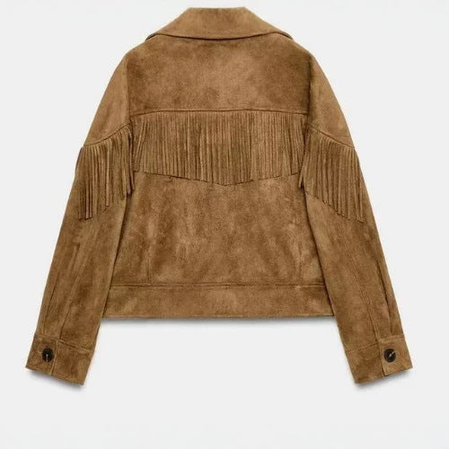 Dam Kort Velour Fringed Jacka med Notched Lapel