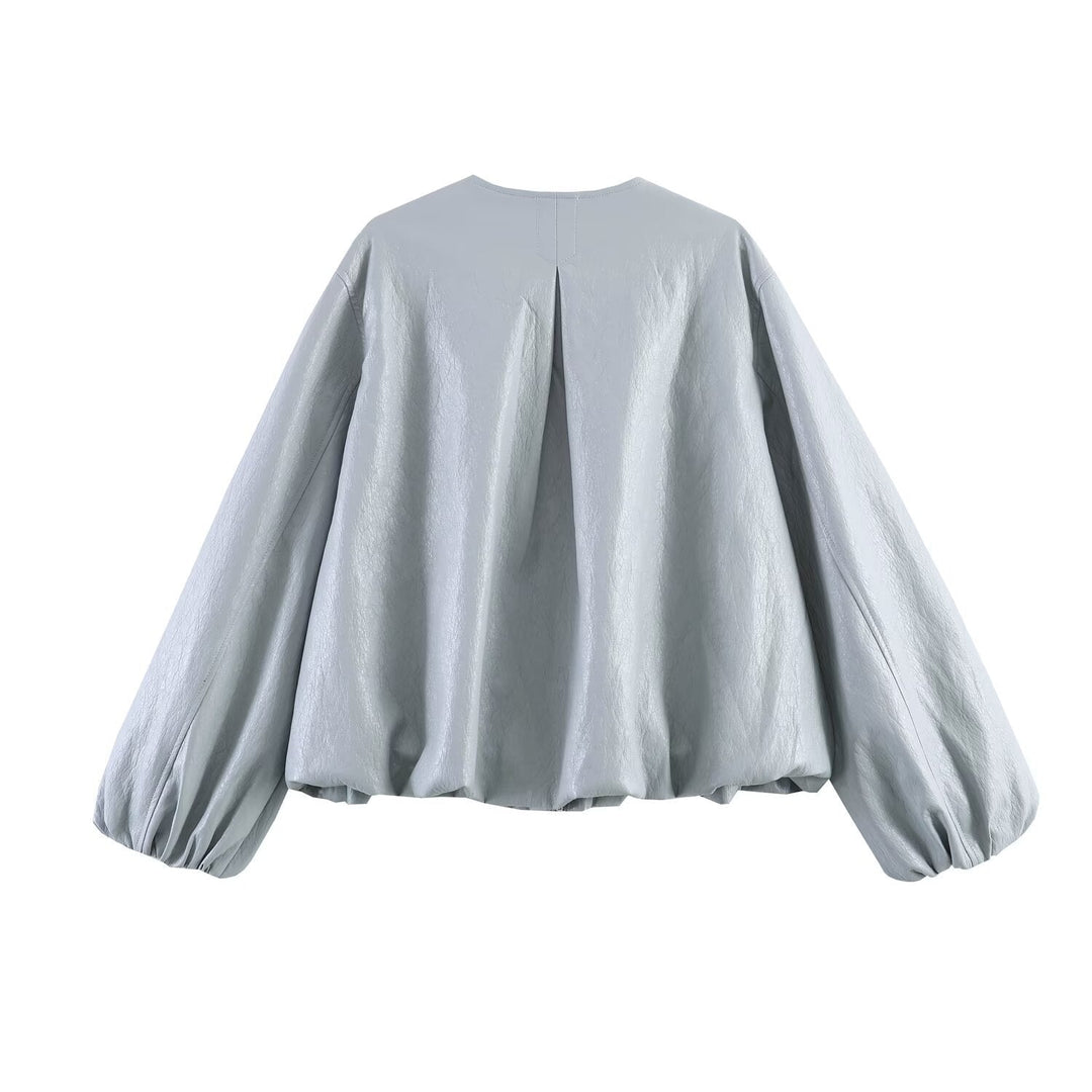 Dam Oversized Konstläder Jacka med Round Neck, Gathered Yoke och Balloon Ärmar