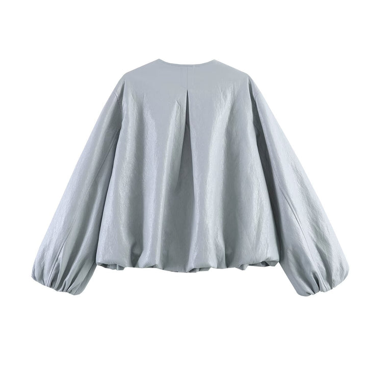 Dam Oversized Konstläder Jacka med Round Neck, Gathered Yoke och Balloon Ärmar