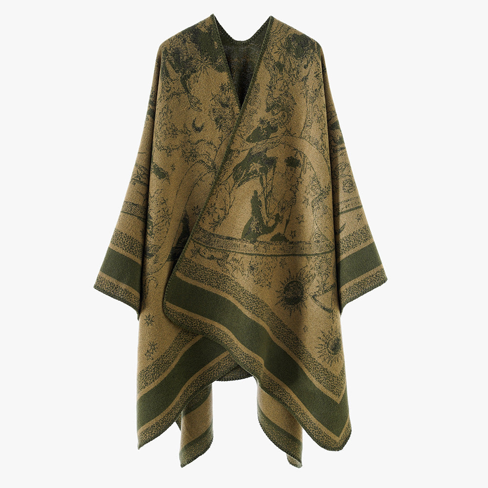 Dam Jacquard capeponcho med double-sided weave structure och V-neck