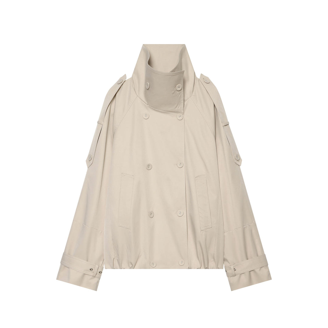 Dam double-breasted cape trenchcoat med high stand krage och adjustable ärm tabs