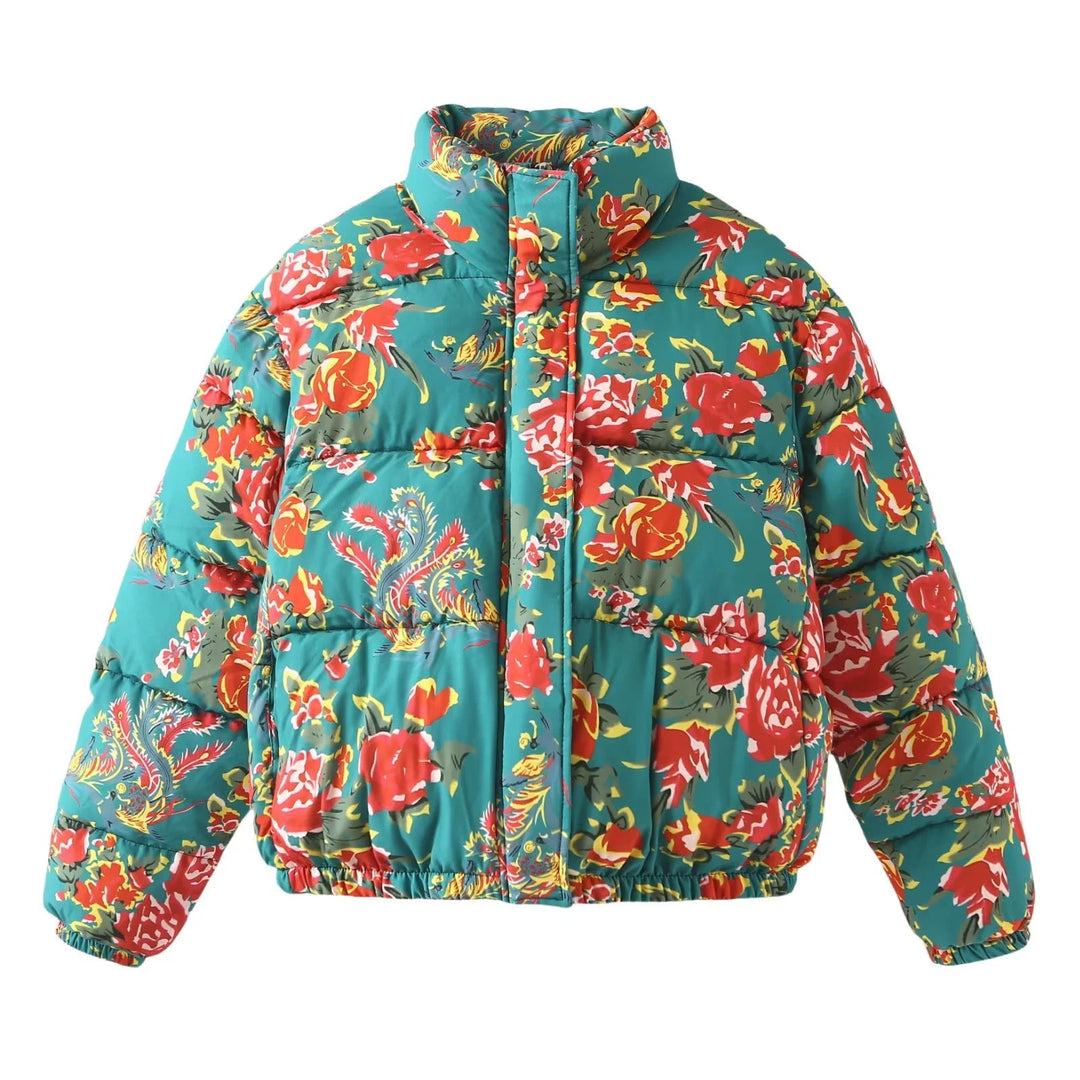 Dam quiltad down look quiltad jacka med floral alla-över tryck, ståkrage, och elastisk fåll
