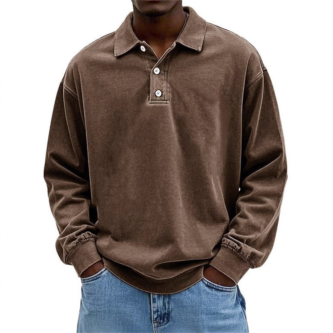 Herr Oversized Denim Look Polo College-Tröja med Kort Knapplist och Elastiska Muddar EB