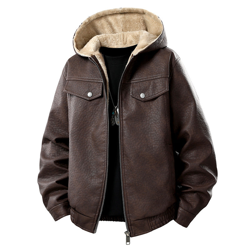 Herr Lederoptik-Blouson med Huva, Teddyfutter och Aufgesetzten Fronttaschen