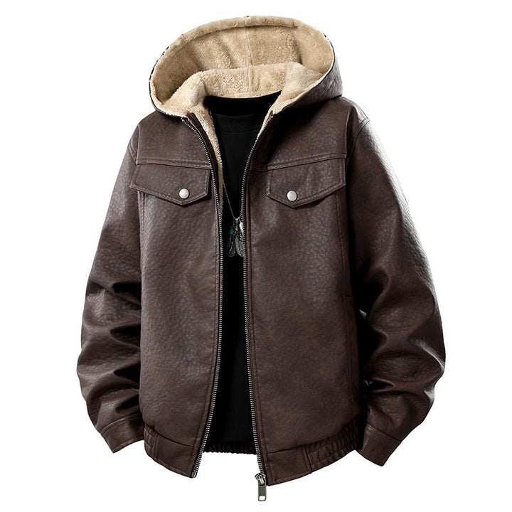 Herr Lederoptik-Blouson med Huva, Teddyfutter och Aufgesetzten Fronttaschen
