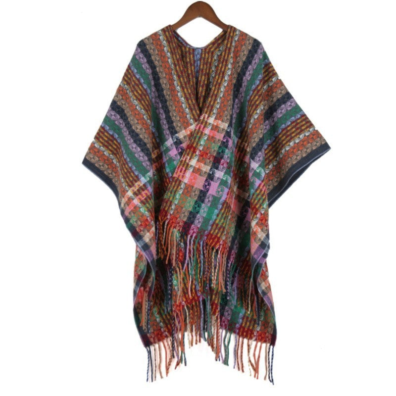 Dam Multicolored Woven poncho i Boho Patchwork design med Fringes