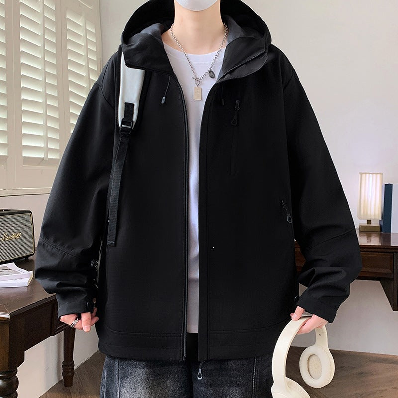 Herr Boxig med Huva Softshell Jacka med Concealed Dragkedja, Multifunctional Fickor med Dragkedja &amp; Oversized Skärning